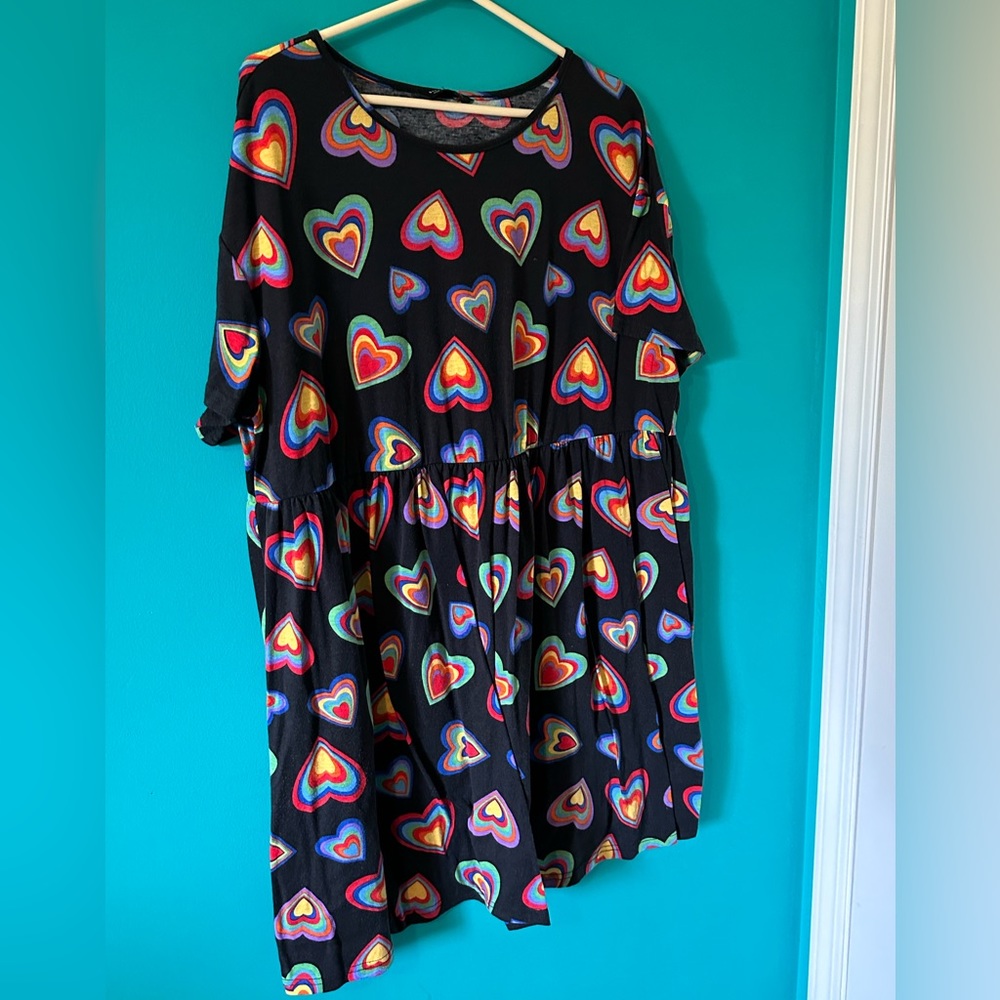 3X rainbow hearts stretchy empire waist mini dress